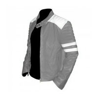 Men Gray Motor Biker White Lines Quilted Arms Genuine Leather Safety Pads Jacket - Thumbnail 1