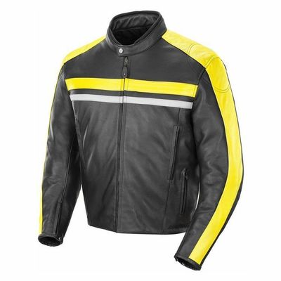 Men gray yellow cont motor bike front zipper genuine leather safety pads jacket