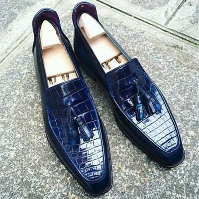 Handmade men navy blue crocodile shoes, crocodile textured leather for mens - Thumbnail 2