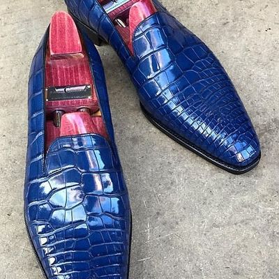 Handmade men blue crocodile shoes, crocodile textured leather for mens - Thumbnail 2