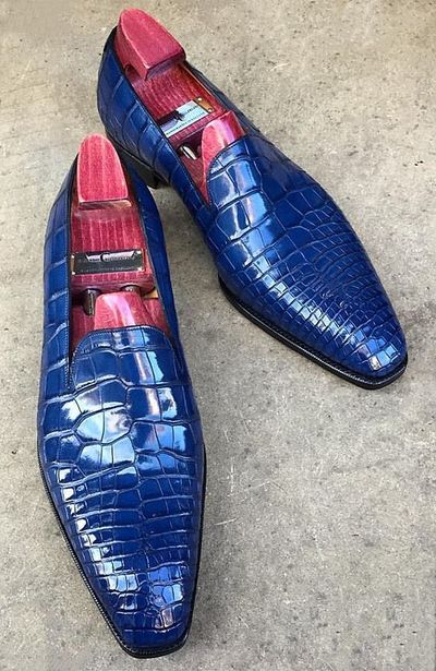 Handmade men blue crocodile shoes, crocodile textured leather for mens
