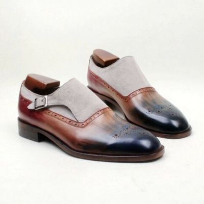 Pure handmade tan shaded & hash white suede leather monk strap shoes for men's - Thumbnail 2