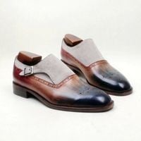 Pure Handmade Tan Shaded & Hash White Suede Leather Monk Strap Shoes for Men's - Thumbnail 4