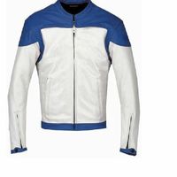 Men Blue & White Racing Rider Front Zipper Genuine Leather Safety Pad Jacket - Thumbnail 4