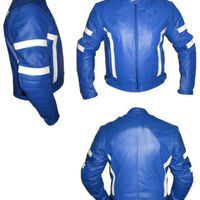 Men Blue Color Racing Biker White Linings Genuine Leather Safety Pads Jacket - Thumbnail 1