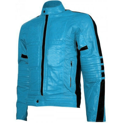 Men blue motor biker perforated black linings genuine leather safety pads jacket - Thumbnail 5