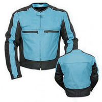 Men Blue Black Contrast Motor Bike Genuine Real Leather Safety Pads Jacket - Thumbnail 1