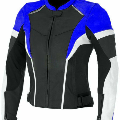 Men blue & black biker white linings speed hump real leather safety pads jacket