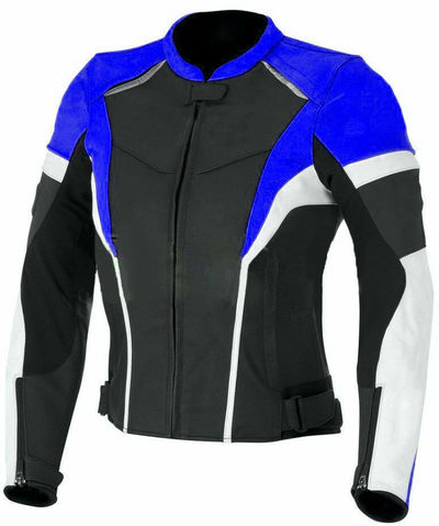 Men Blue & Black Biker White Linings Speed Hump Real Leather Safety Pads Jacket