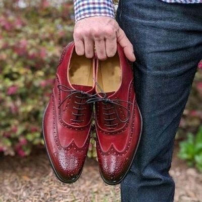 Handmade men's red wing tip brogue lace up dress shoes, real leather office shoe - Thumbnail 3