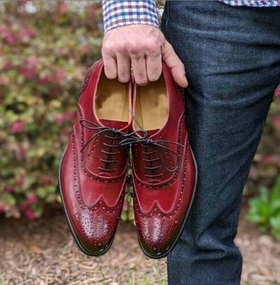 Handmade Men's Red Wing Tip Brogue Lace Up Dress Shoes, Real Leather Office Shoe