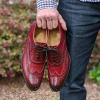Handmade Men's Red Wing Tip Brogue Lace Up Dress Shoes, Real Leather Office Shoe - Thumbnail 4
