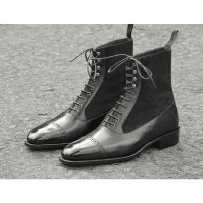 Handmade men's black brogue lace up high ankle dress boots, real leather & suede - Thumbnail 2