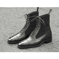 Handmade Men's Black Brogue Lace Up High Ankle Dress Boots, Real Leather & Suede - Thumbnail 4