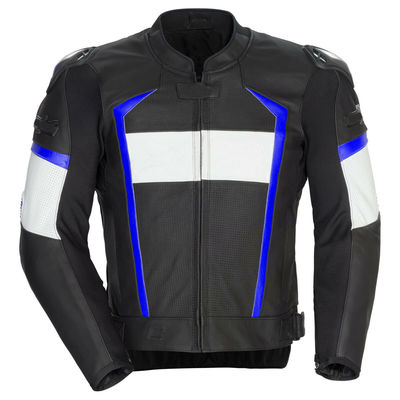 Men black white motorcycle blue lines real leather safety pads jacket speed hump - Thumbnail 3