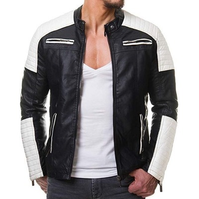 Stylish men's black and white slim fit biker jacket, men leather jacket - Thumbnail 3
