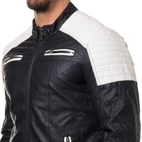 Stylish Men's Black and White Slim Fit Biker Jacket, Men Leather Jacket - Thumbnail 1