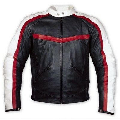 Men black white motor biker red strip genuine cowhide leather safety pads jacket - Thumbnail 1