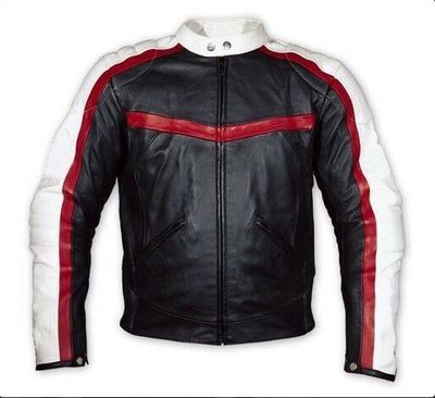 Men Black White Motor Biker Red Strip Genuine Cowhide Leather Safety Pads Jacket