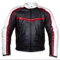 Men Black White Motor Biker Red Strip Genuine Cowhide Leather Safety Pads Jacket - Thumbnail 1