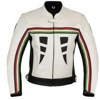Men Black White Motor Cycle Multi Color Stripes Real Leather Safety Pads Jacket - Thumbnail 4