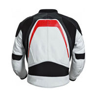 Men Black White Motor Biker Red Lines Genuine Cowhide Leather Safety Pads Jacket - Thumbnail 2