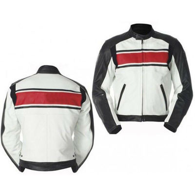 Men Black & White Contrast Biker Red Stripped Genuine Leather Safety Pads Jacket