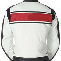 Men Black & White Contrast Biker Red Stripped Genuine Leather Safety Pads Jacket - Thumbnail 4