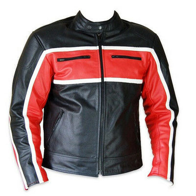Men black red contrast motor biker white stripes real leather safety pads jacket - Thumbnail 3