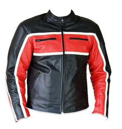 Men Black Red Contrast Motor Biker White Stripes Real Leather Safety Pads Jacket