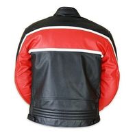 Men Black Red Contrast Motor Biker White Stripes Real Leather Safety Pads Jacket - Thumbnail 1