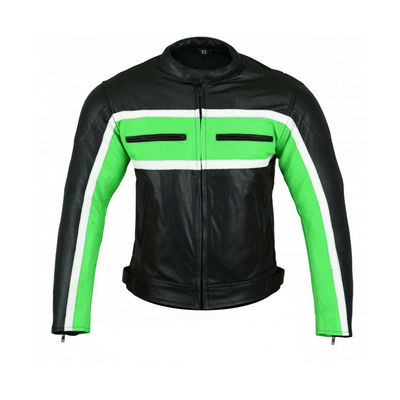 Men black green contrast white stripes biker genuine leather safety pads jacket