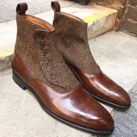 Handmade Men Brown Leather And Tweed Button Boots, Men Ankle Leather Button Boots - Thumbnail 1