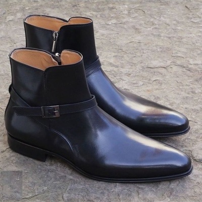New men  handmade black leather ankle strap boots for men's - Thumbnail 4