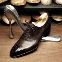 Men's Handmade Coffee Brown Oxford Brogue Toe Leather Lace up Formal Shoes - Thumbnail 1