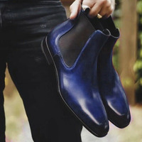 New Handmade Chelsea Blue Leather Ankle High Boots - Thumbnail 4