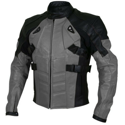 Men black gray cont motor bike front zipper genuine leather safety pads jacket - Thumbnail 3