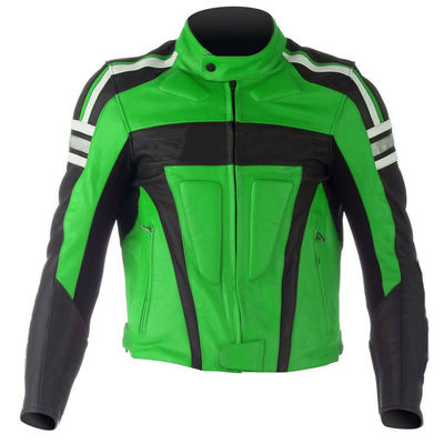 Men black green contrast biker white stripes genuine leather safety pads jacket - Thumbnail 2