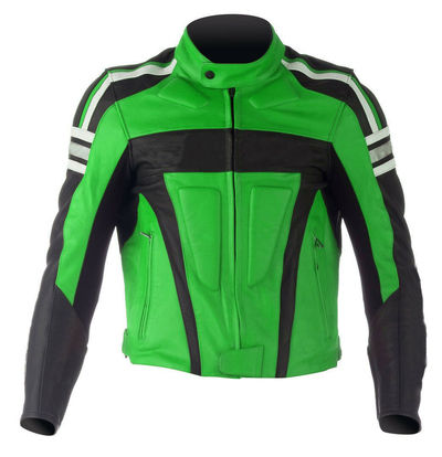Men Black Green Contrast Biker White Stripes Genuine Leather Safety Pads Jacket