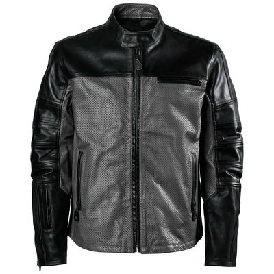 Men Black Gray Contrast Motorcycle Genuine Perforated Leather Safety Pads jacket