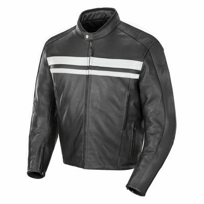 Men Black Color Motorcycle White Stripes Genuine Real Leather Safety Pads jacket