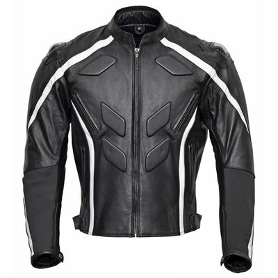 Men Black Color Motor Bike White Lines Genuine Real Leather Safety Pads jacket