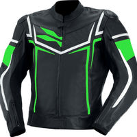 Men Black Color Motorcycle Green White Striped Genuine Leather Safety Pad jacket - Thumbnail 4