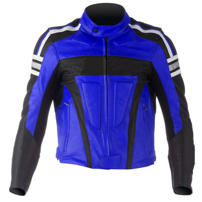 Men black blue contrast white stripes biker genuine leather safety pads jacket - Thumbnail 3