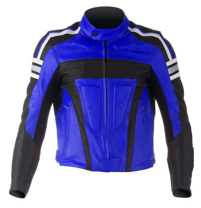 Men Black Blue Contrast White Stripes Biker Genuine Leather Safety Pads Jacket