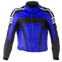 Men Black Blue Contrast White Stripes Biker Genuine Leather Safety Pads Jacket - Thumbnail 3