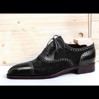 Men's Handmade Cap To Classic Black Leather Suede Wing Tip Lace Up Formal Dress Leather Shoes