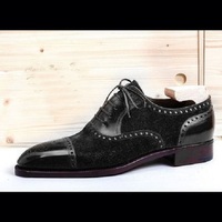 Men's Handmade Cap To Classic Black Leather Suede Wing Tip Lace Up Formal Dress Leather Shoes - Thumbnail 4