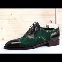 Men's Handmade Cap To Classic Black Green Leather Suede Wing Tip Lace Up Formal Dress Leather Shoes - Thumbnail 1