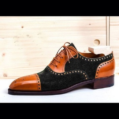 Men's handmade cap to classic tan black leather suede wing tip lace up formal dress leather shoes - Thumbnail 1